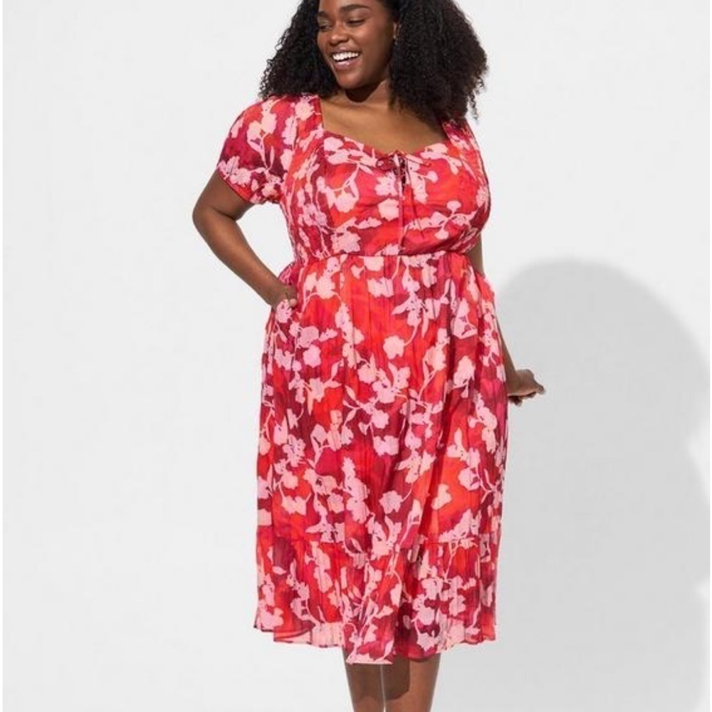TORRID red floral Midi Cotton Clip Dot Lace Up Smocked Dress